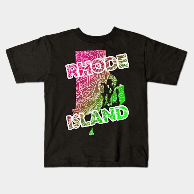 Colorful mandala art map of Rhode Island with text in pink and green Kids T-Shirt by Happy Citizen